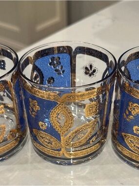 Three Mid-century Rocks Glasses By Culver, Ltd., Blue And Gold Floral Pattern.